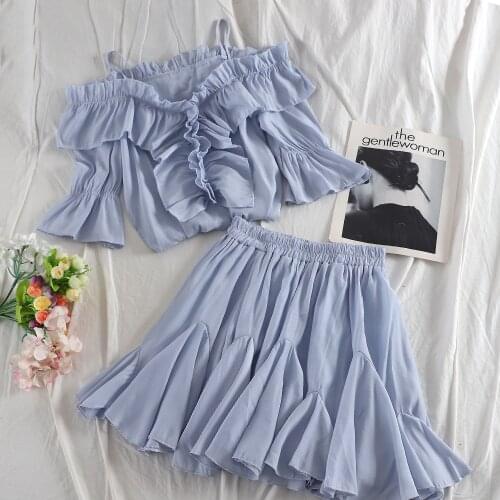 2019 New Summer Women Fashion Slash Neck Flare Sleeve Crop Top And Pleated Mini Skirt Set Korean Ladies Solid Slim 2 Pcs Set