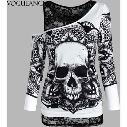 Gothic Casual Women TShirts Skull Graphic Cold Shoulder Two Piece T Shirt Sets Long Sleeve Fall Fashion Tops Plus Size XXXL