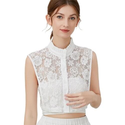 Women Sheer Floral Lace White False Collar Detachable Dickey Blouse Vintage Pleated Ruffled Half Shirt Necklace Crop Top