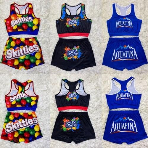 Female Sportswear Two Piece Suit Summer 2021 Beach Fitness Clothing Crop Top Vest + High Waist Shorts Skittles Women Shorts Sets