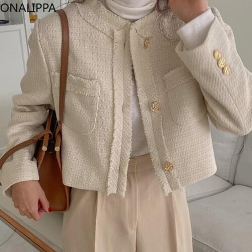 ONALIPPA Female Tweed Short Coats French Elegant Temperament Round Neck Raw Edge Stitching Three Buttons Loose Pocket Jacket