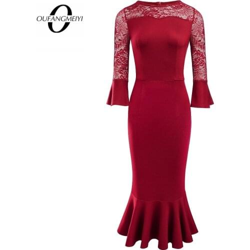 Autumn Patchwork Flare Sleeve Stylish Retro Chic Floral Lace Women Elegant Mermaid Dress EB593