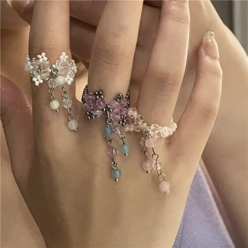 Korean Vintage Bowknot Crystal Beaded Tassel Pendant Ring for Women Colorful Transparent Fashion Rings 2021 Y2K Ring 90s Gifts
