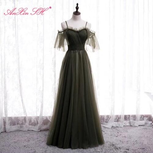 AnXin SH princes green lace evening dress vintage party spaghetti strap ruffles sleeve illusion bride a line evening dress