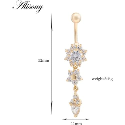 Alisouy 1 PCS Medical Steel Crystal Rhinestone Flower Belly Button Ring Dangle Navel Women Gold Color Body Piercings Jewelry