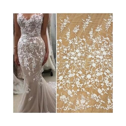 1 Yards 130CM Width Fashion Dress Top Quality Off White Gorgeous Embroidered French Lace Fabric Sequins Bridal Lace Fabric