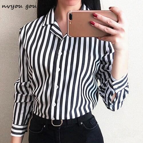 Nvyou gou Women Stripe Long Sleeve Chiffon Button Down Blouse Shirt Office Lady Casual Summer Autumn Top Plus Size 2019 Fashion