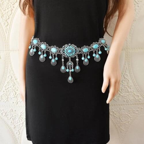 Gypsy Ethnic Deep Silver Metal Carved Tassel Pendant Skirt Retro Waist Chain Body Inlaid Blue Gemstone Sexy Belt Jewelry