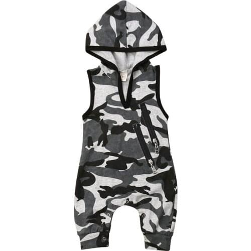 Newborn Toddler Baby Boys Hooded Camouflage Romper Jumpsuit Sleeveless Zipper Playsuit Outfits Clothes Summer 0-24M