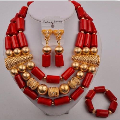 Dubai Gold Color Coral Necklace Earrings Bracelet Set for Women Red/Orange/White African Wedding Beads Coral Jewelry Sets