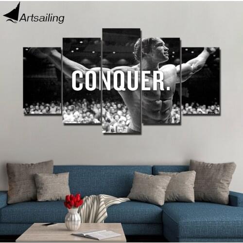 HD print 5 piece canvas art Arnold Schwarzenegger conquer black white boxing painting poster for living room ny-4902