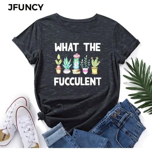 JFUNCY Plus Size Women Cotton Tshirt Cactus Graphic Print Loose Tees Shirt Short Sleeve Woman Casual T-shirt Summer Female Tops
