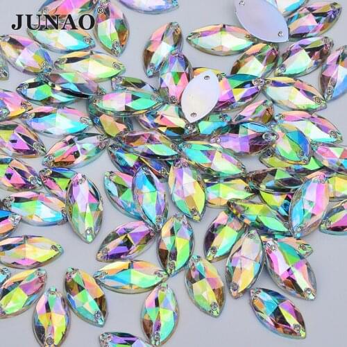 JUNAO 6*12mm 9*18mm Sewing Crystal AB Horse Eye Rhinestones Flatback Acrylic Gems Sew On Crystals Stones For DIY Clothes Crafts