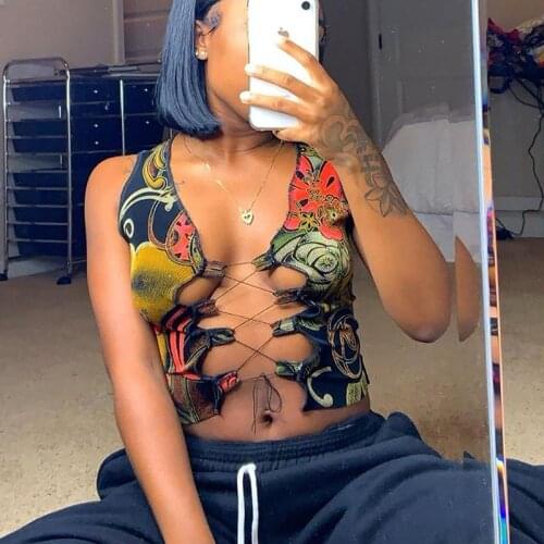 Summer Women y2k Sexy Hollow Out Tank Tops Drawstring Bandage Fashion Sleeveless Colorful Print Party Skinny Clubwear