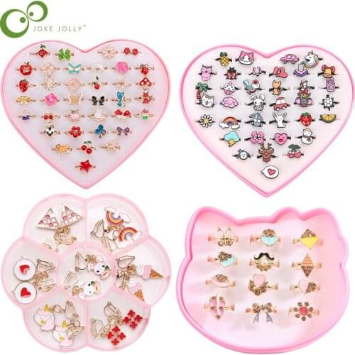 Cute Adjustable Rings for Children Girls Pretend Play Makeup Toys Cartoon Crystal Jewelry Alloy Animal Enamel Ring Gift of Girls