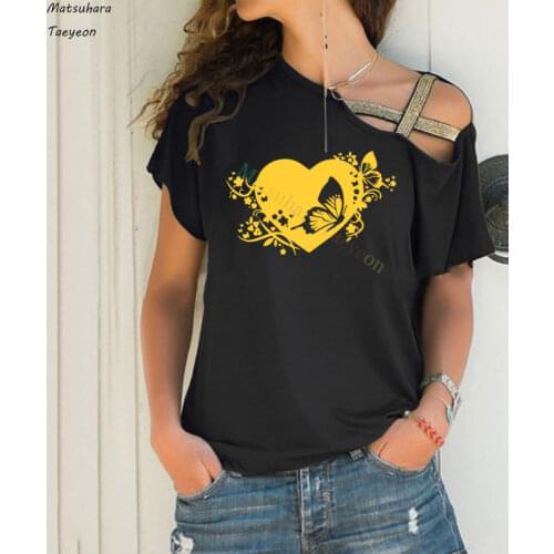 Fashion New Women Casual T-shirt Floral Heart With Butterflies Short Sleeve Womens T Shirt Irregular Skew Cross Bandage Tops