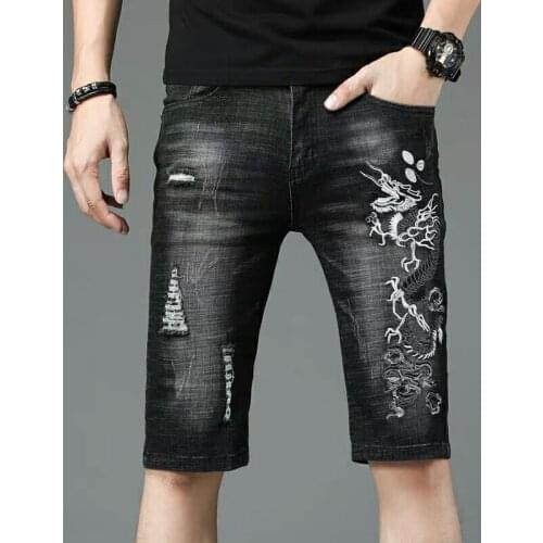 Free Shipping New 2020 mens male American jeans summer hole black embroidered denim shorts personality trend 1/2 pants