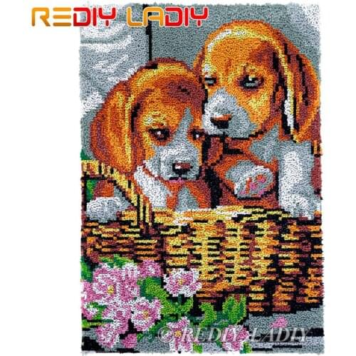 Latch Hook Kits Two Puppies Chunky Yarn Embroidery Crocheting Tapestry Kits Needlework Arts & Crafts DIY Carpet Rug 57*85cm