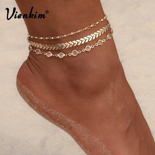 Vienkim 3Pcs/lot Crystal Sequins Anklet Set Beach Foot jewelry Vintage Ankle Bracelets For Women Summer Jewelry Party Gift 2018