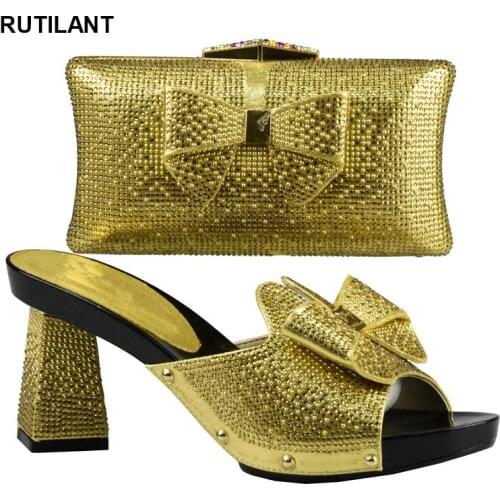 Latest Design Matching Shoes and Bags for African Weddings African Shoe and Bag Set for Party In Women Gold Italy Shoes Bag Set