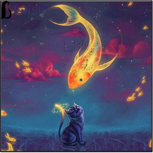 New Diamond Painting Cartoon fantasy Cross Stitch sky Golden Fish Cat Diamond Mosaic Needlework Crafts Round Diamond Embroidery