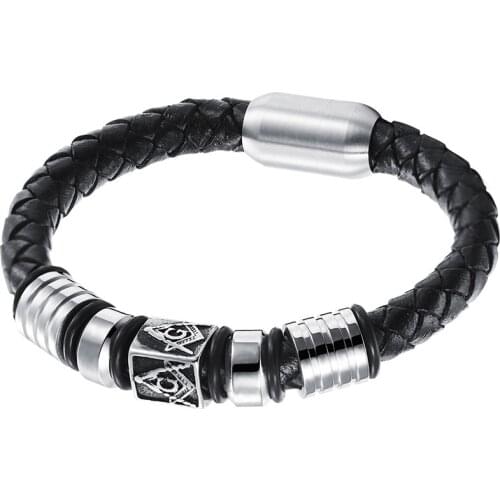 New Vintage Mens Freemasonry Masonic Mason Charm Bracelet Black Leather Braided Bracelet 8.1 inch pulseira de couro