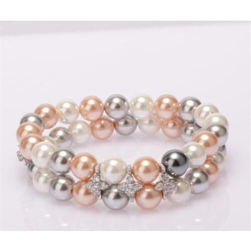 Micro paved white cz charm double layer white pink grey pearl beads beaded bracelets for woman elegant daily jewelry
