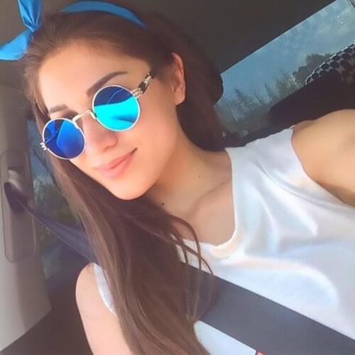 Blue Mirror Steampunk Round Sunglasses Men Women Luxury Brand Designer Black Sunglasses Trendy Metal Points uv400