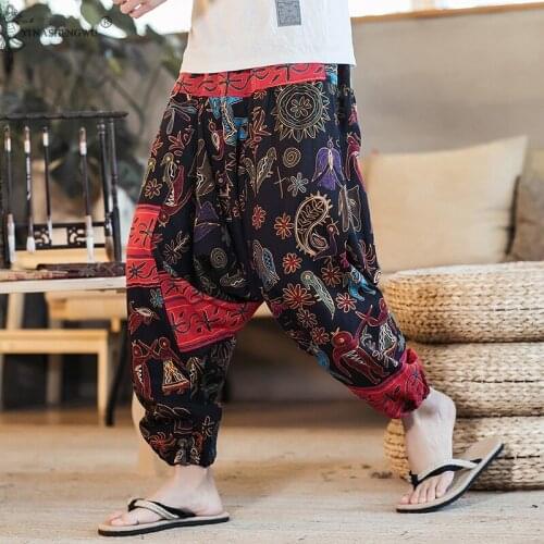 Autum Japanese Style Harajuku Plus Size linen mens Chinese style casual mens plus size printing nine-point pants Haori Asian