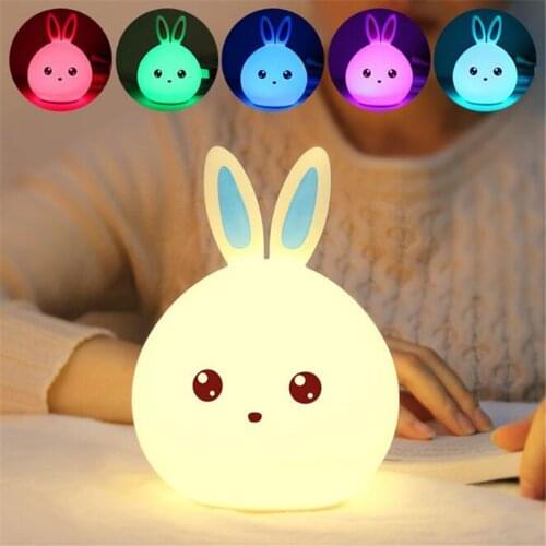 Rechargeable Rabbit LED Night Light Cute Bunny Light Multicolor Silicone Touch Sensor Lights Lamp For Baby Bedside table Lamp