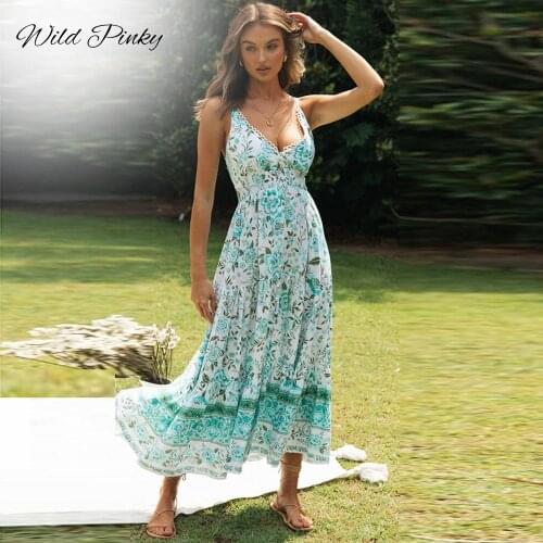 WildPinky Boho Elegant Print Women Summer Dress Sleeveless Lace Up V-neck Female Midi Dress A-line Ladies Green Dress Vestidos