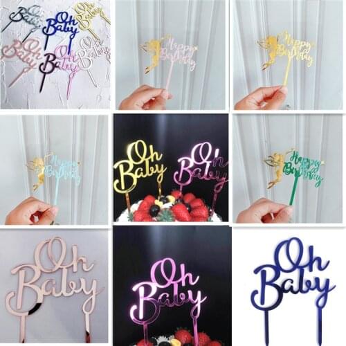 Rose gold/Blue Happy Birthday Cake Topper Acrylic Letter Elves girl Cake Top Flag Adorn for Boy Birthday Party Wedding Supplies