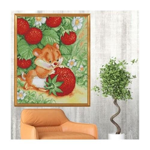 Needlework,DIY Cross stitch,Set For Embroidery kit,Lovely mouse rat picking strawberry animal pattern cross-stitch painting gift