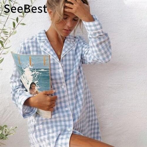 SeeBest 2020 Sprint Summer Cotton Pajamas Women Long Sleeve Plaid Pajamas Homewear Sleepwear Lounge Pajamas Set Casual