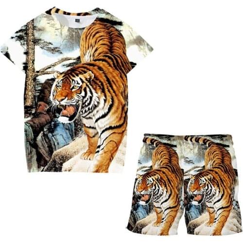 Boys Sets two-piece sportswear 3D print tiger black summer T-shirt shorts track suit girl casual trend round neck short sleeves