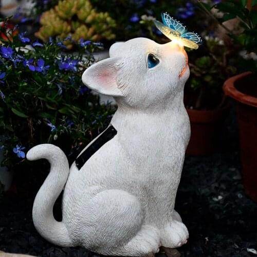 Outdoor Solar Butterfly Dog Cat Resin Adornments Garden Landscape Figurines Decoration Courtyard Balcony Villa Sculpture Crafts