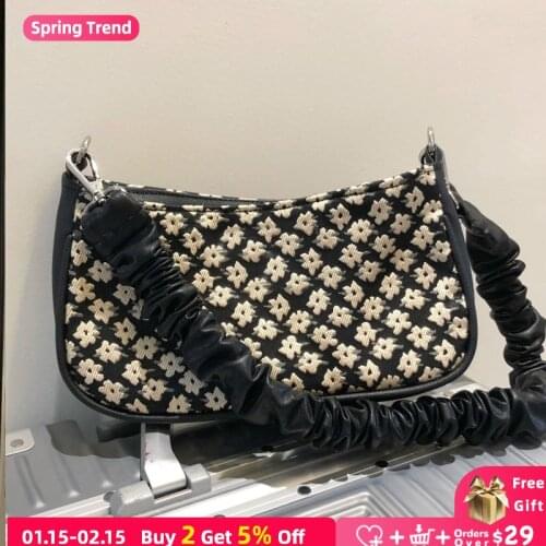 Retro Design Women Flower Shoulder Bags Vintage Floral Ladies Purse Handbags Pleated Strap Female Underarm Bags Bolsa Feminina