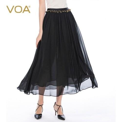 VOA Double Silk Chiffon Luxurious Golden Edible Tree Fungus Office Lady Black Skirt 2021 CE23 Elegant Pleated Woman Skirts