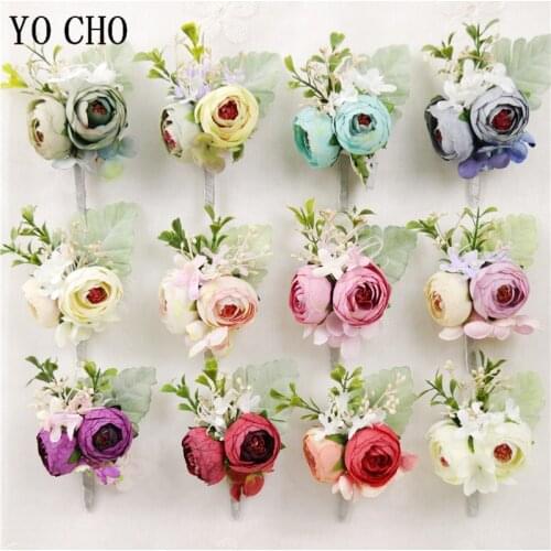 YO CHO Girl Wrist Corsage Wedding Boutonniere Artificial Silk Rose Wedding Flower Ribbon Bracelet Prom Party Wedding Boutonniere
