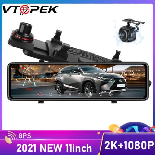 Jansite 11 inches 2K Car DVR Touch Screen Stream Media Dual Lens Video Recorder Rearview mirror Dash cam Front and Rear camera