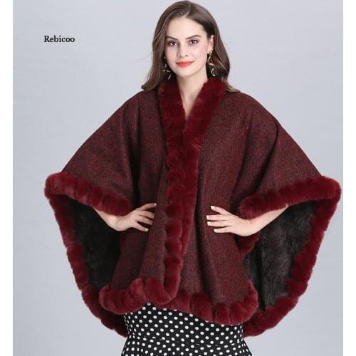 Women Winter New Fashion Fox Fur Cape Poncho Big Banana Collar Knit Cashmere Cloak Overcoat Fur Party Dress Wraps Shawl