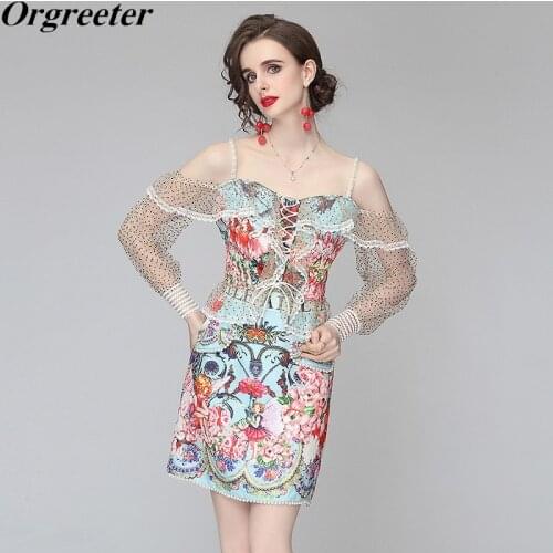 High Quality 2021 Summer New Off shoulder Mesh Sleeve Lace Patchwork Cropped Tops and High waist Bodycon Mini Skirt 2 Piece set