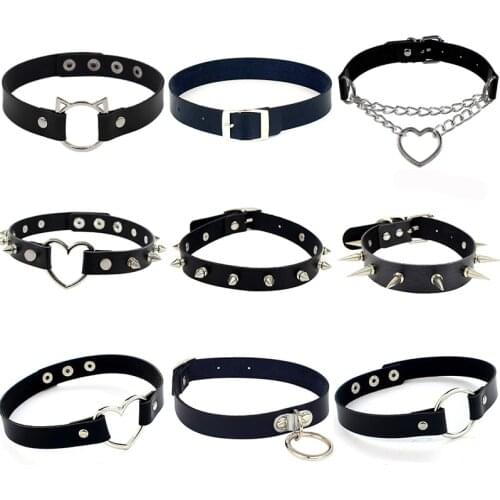 Harajuku Punk Rock Gothic Choker Necklace Women Sexy PU Leather Heart Lock Key Spike Collar Chocker Gothic Cosplay Accessories