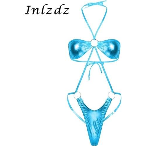 Womens Lingerie Sexy Bodysuit Shiny Metallic Lingerie Halter Neck Backless Slingshot Mini Trikini Thong Teddy Bodysuit Nightwear