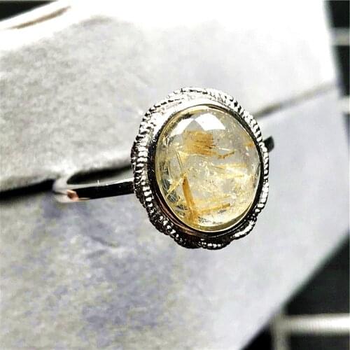 11mm Top Natural Gold Rutilated Quartz Ring For Woman Lady Man Crystal Oval Beads Silver Gemstone Adjustable Ring Jewelry AAAAA