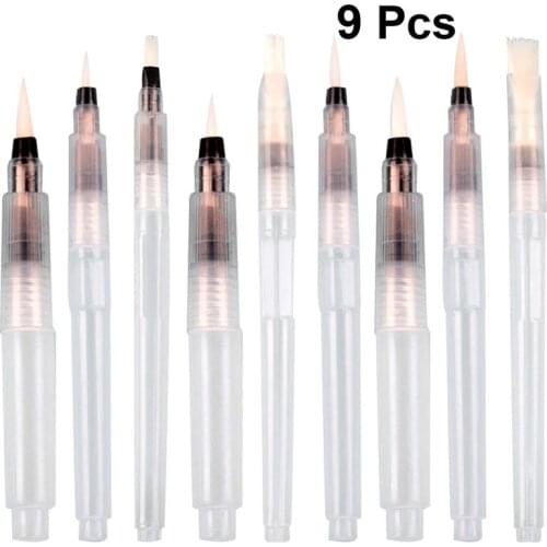 9pcs Watercolor Brush Pens Water Soluble Colored Pens Aqua Coloring Brush Painting Pens 120mm +155mm Tine Tip +190mm Flat Tip
