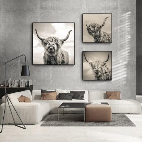 Black and White Highland Cow Cattle Wall Canvas Art Nordic Painting Poster and Print Scandinavian Wall Picture for Living Room