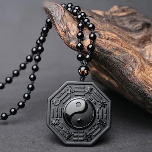 Jadery Black Obsidian Yin Yang Bead Chain Necklace Pendant Chinese BAGUA Jade Carving Wolf Head Mens Womens Jewelry Christmas
