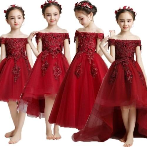 Childrens Word-shoulder Fluffy Gown Dress for Girls Fluffy Princess Tail Girl Dress for Party Wedding Kids Clothes Floral Dress