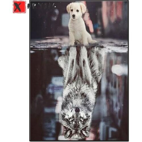 Diy 5d Square Round Diamond Painting Dog reflection wolf diamond embroidery sticker Cross Stitch 3d Diamond Mosaic sale decor
